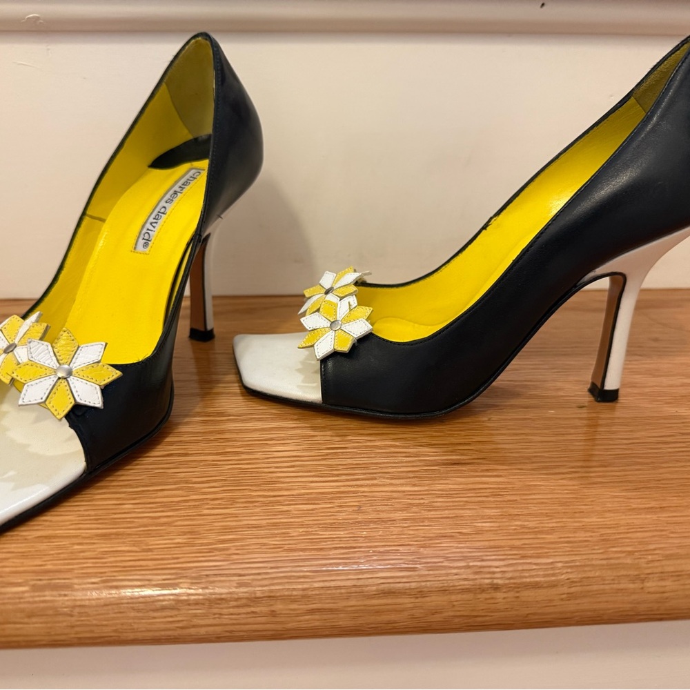 Vintage Charles David leather Black and White Heels with Yellow Accents